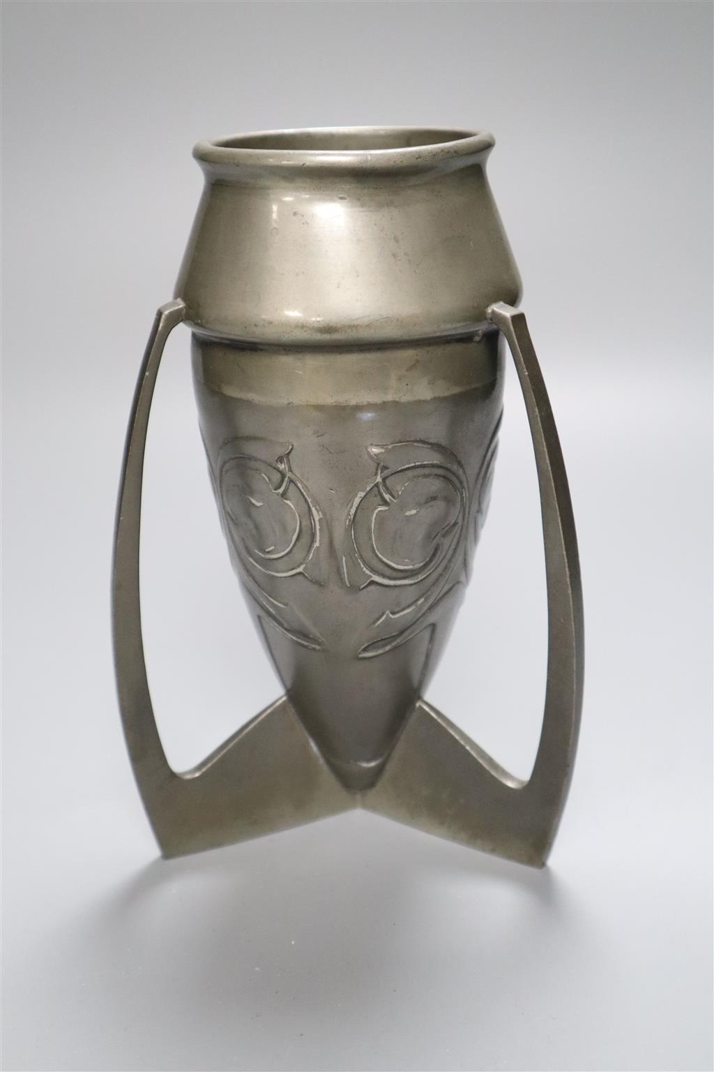 A Libertys Tudric pewter tri-form vase, shape no.226, 18.5cm, a similar two handled comport, shape no.01818, 23.5cm and an Art Nouveau